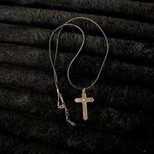 Gold Cross Pendant on Black Cord Necklace